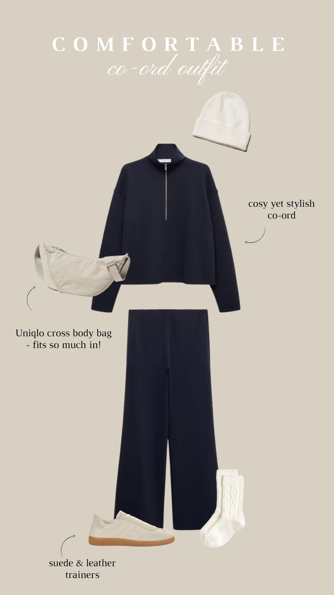 Comfortable co-ord outfit, casual outfit, high street, comfy style, trainers, navy blue, matching set, casual style, Air & Grace trainers, Mango, Uniqlo cross body bag 

 #LTKuk #LTKautumn #LTKstyletip