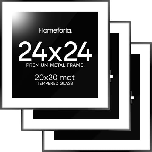 Homeforia 24x24 Picture Frame Black, High End Metal 24 x 24 Large Square Poster Frame Matted to 20 x 20 in Photo, 24by24 Thin Black Frames with Mat 20x20 inch Print, Tempered Glass, Wall Kit, Set of 3 | Amazon (US)