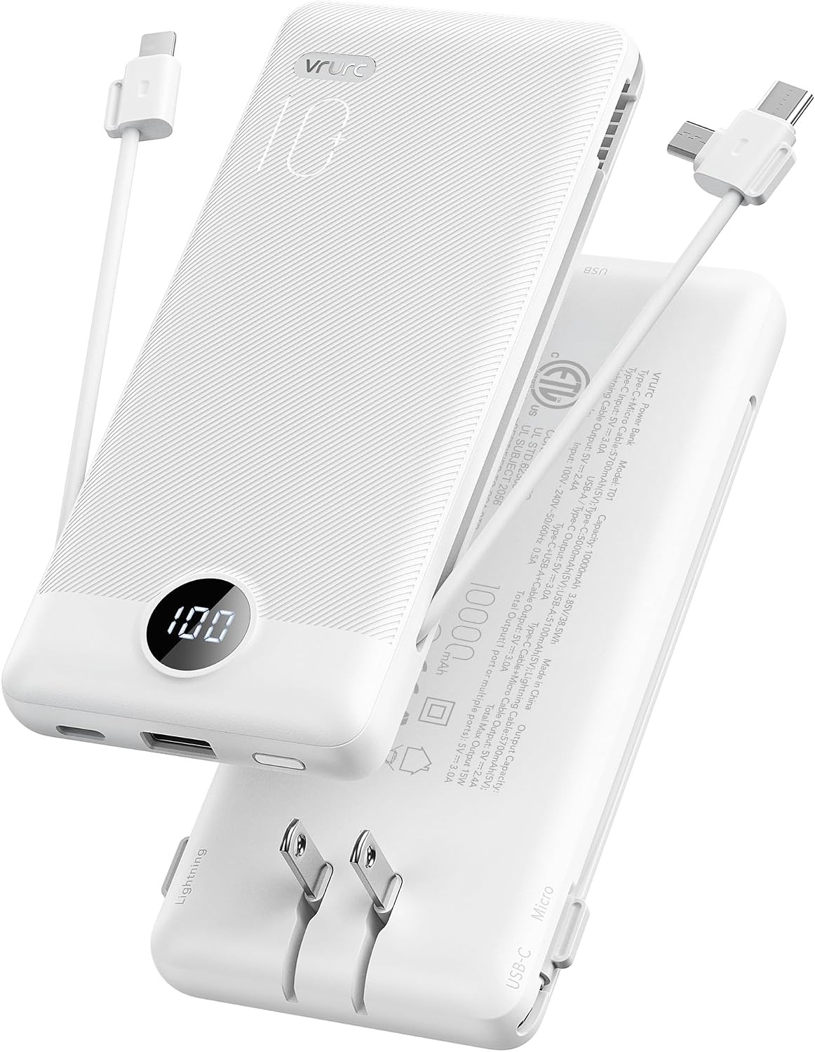 VRURC Portable Charger, Power Bank Built-in Cables and AC Wall Plug | Amazon (US)