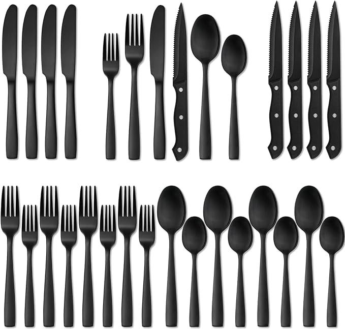 Hiware 24 Pieces Matte Black Silverware Set with Steak Knives for 4, Stainless Steel Flatware Ute... | Amazon (US)