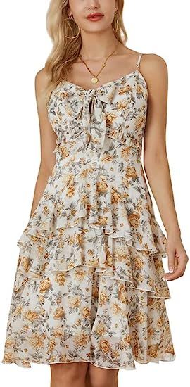 GRACE KARIN 2023 Womens Summer Floral Sundress Spaghetti Strap Tie Front Midi Dresses | Amazon (US)