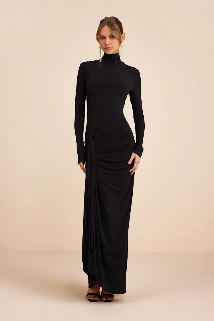 Tassana Black Jersey Knit Mock Neck Maxi Dress | Lulus