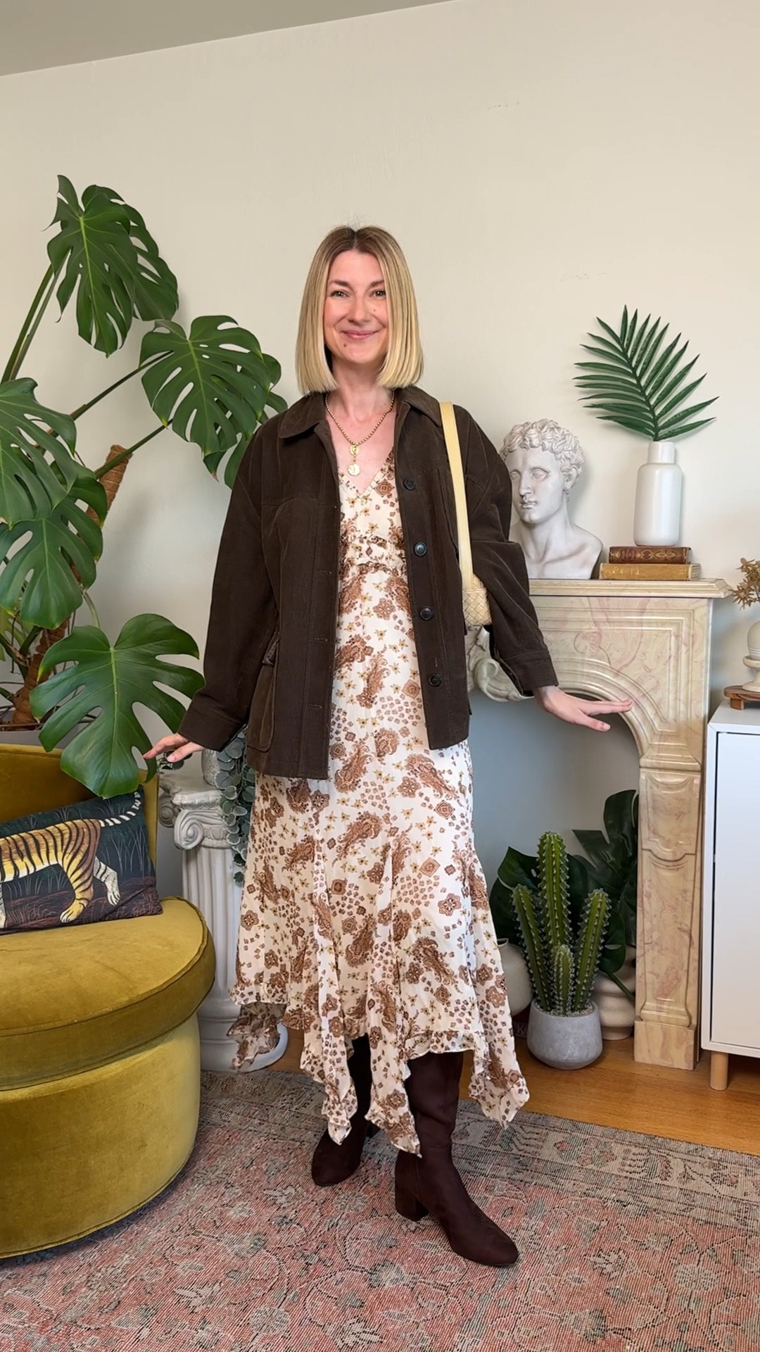 Early Fall outfit idea. Flowy bohemian dress paired with a corduroy jacket, knee high suede boots and braided leather bag. Color combo? Pairing chocolate brown with butter yellow is one of the easiest and best Fall colors combos! 

#LTKShoeCrush #LTKStyleTip #LTKSeasonal