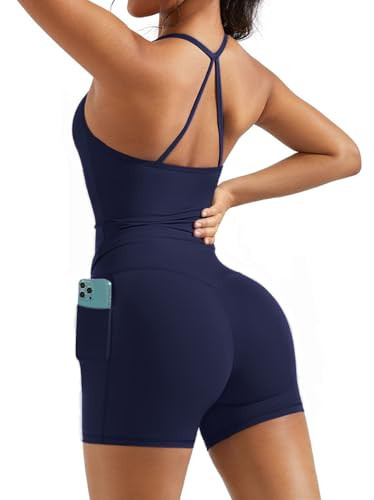 OMKAGI 2 Piece Workout Sets for Women Padded Sports Bra Tank Booty Gym Shorts with Pockets(XS,284-Navy Blue) | Amazon (US)