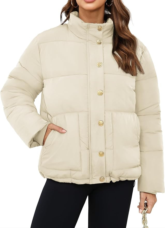 Funlingo Women's Cropped Puffer Jacket Winter Stand Collar Zip Up Snap Button Warm Lightweight Sh... | Amazon (US)