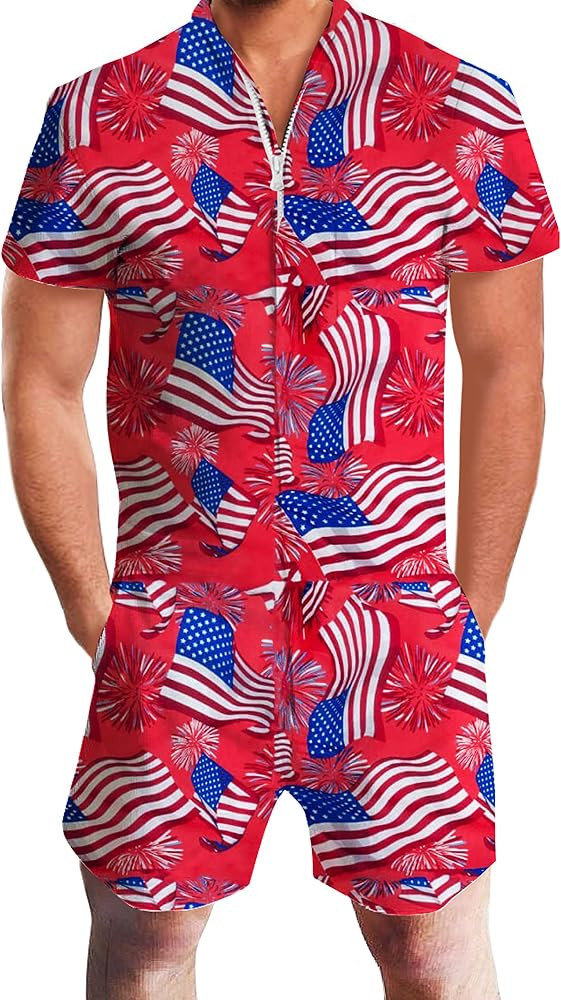 uideazone Men Romper 3D Printed Zipper Jumpsuit Short Sleeve One Piece Casual Overalls Bro Outfit... | Amazon (US)