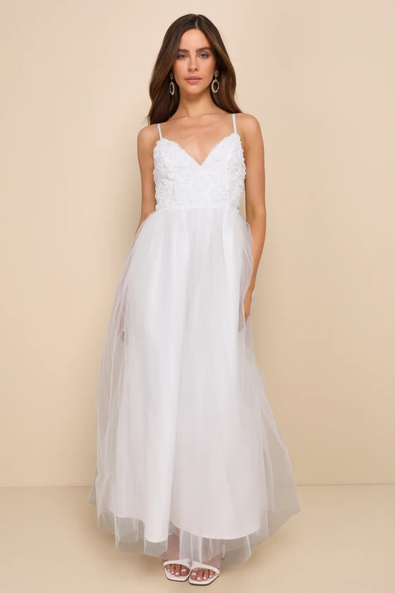 Graceful Beauty White 3D Floral Tulle Sleeveless Maxi Dress | Lulus