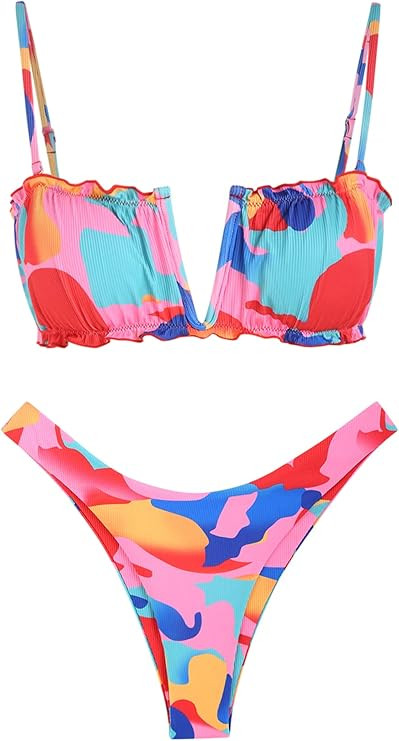 ZAFUL Women V-Wired Ruffle Ribbed Bandeau Bikini, Lace Up Bikinis Strapless Two Pieces Swimsuit | Amazon (US)