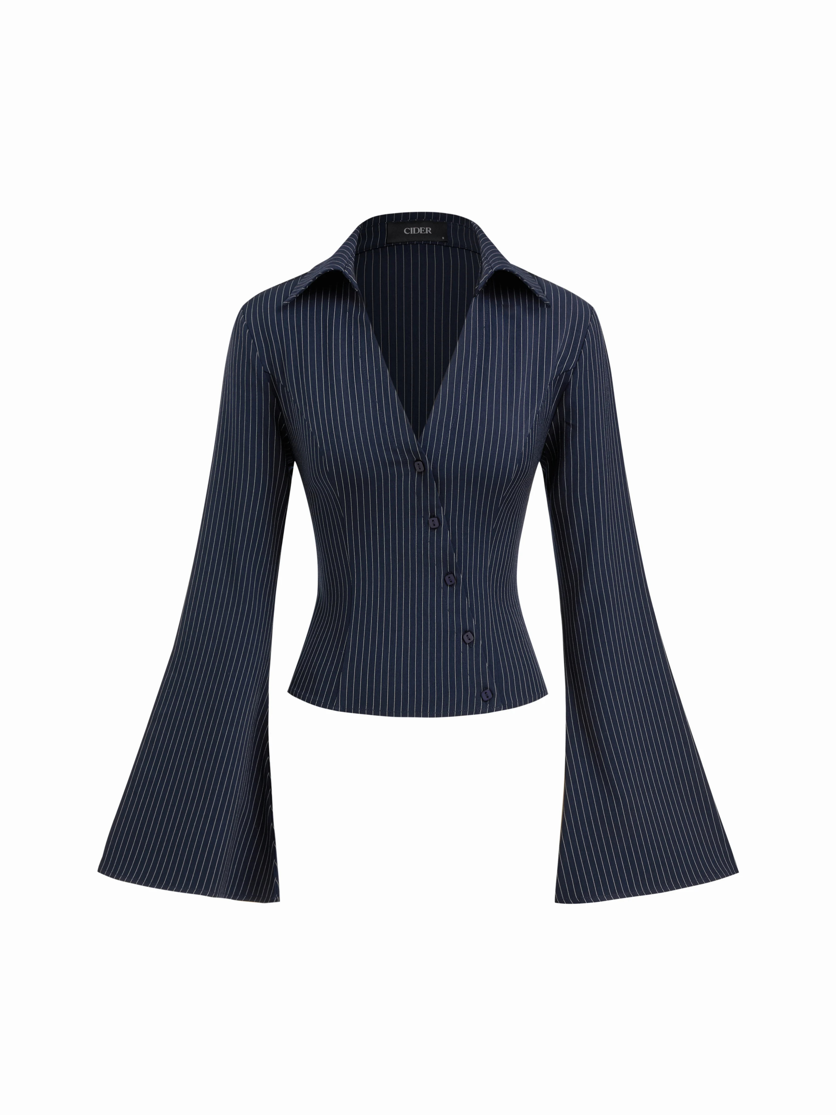 Woven Stripe Collar V-neck Bell Sleeve Asymmetrical Button Shirt For Daily Casual | Cider
