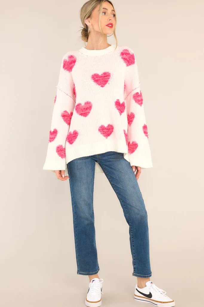 All Over White & Pink Heart Sweater | Red Dress 