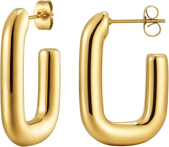 14K Gold Colored Simple U Shaped Small Hoop Earrings Chunky Open for Women Teen Girls | Amazon (US)