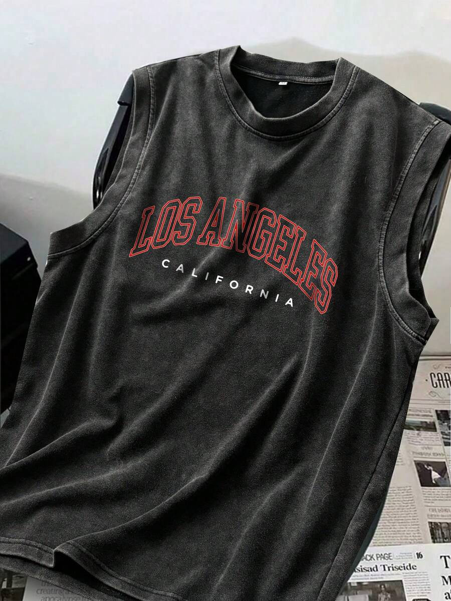 Sports & Outdoor - Basketball Style-Los Angeles Men's Washed Vintage Round Neck Tank Top | SHEIN