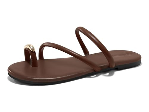 Amazon.com | Coutgo Womens Strappy Flat Sandals Square Open Toe Flip Flops Slides Toe Ring Metal ... | Amazon (US)