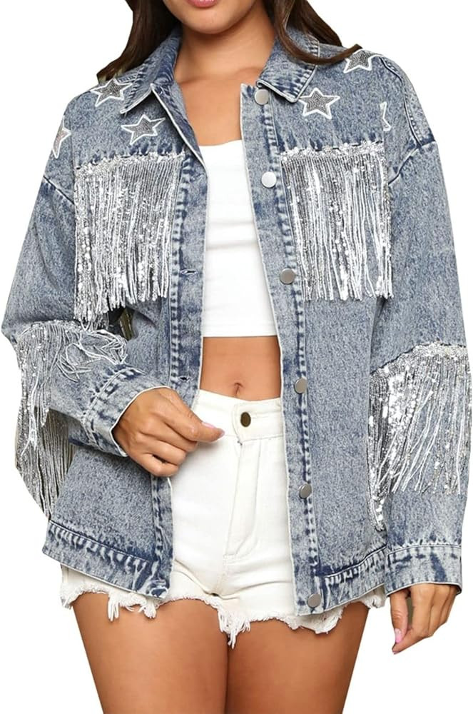Womens Star Sequin Fringe Denim Jacket Long Sleeve Fringe Jean Jacket Coats | Amazon (US)
