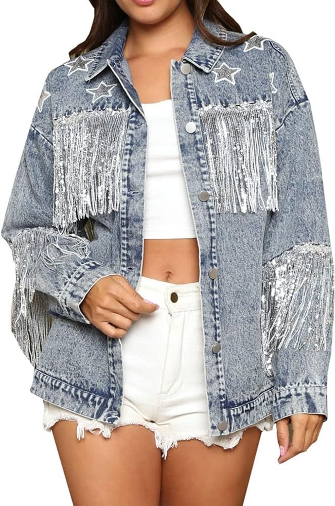 Joiemont Womens Star Sequin Fringe Denim Jacket Long Sleeve Fringe Jean Jacket Coats | Amazon (US)