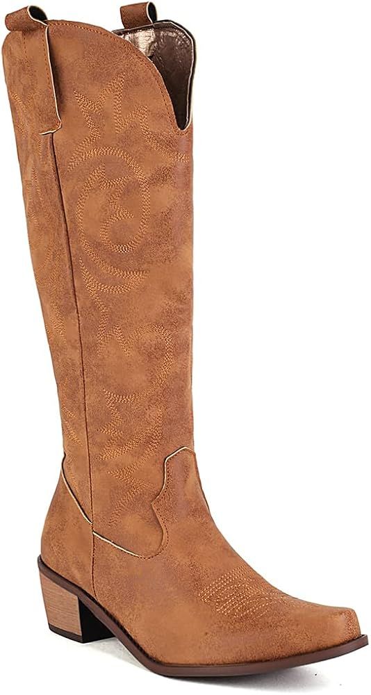 VOMIRA Cowboy Boots Retro Pointy Toe Chunky Cork Heels Pull-on Tabs Mid Calf Boots Embroidery Wes... | Amazon (US)
