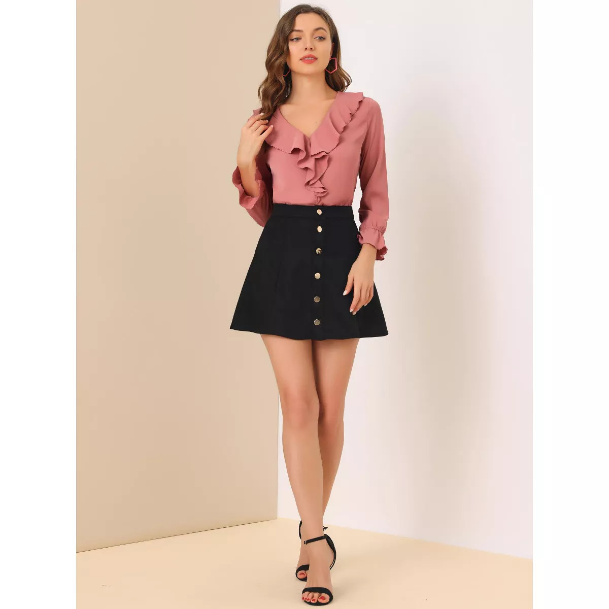 INSPIRE CHIC Women's Office Work Ruffle V Neck Long Sleeve Chiffon Peasant Blouse | Target