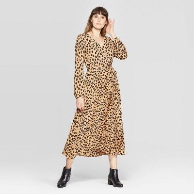 Women's Leopard Print Long Sleeve V-Neck Midi Pleated Wrap Dress - A New Day™ Tan | Target