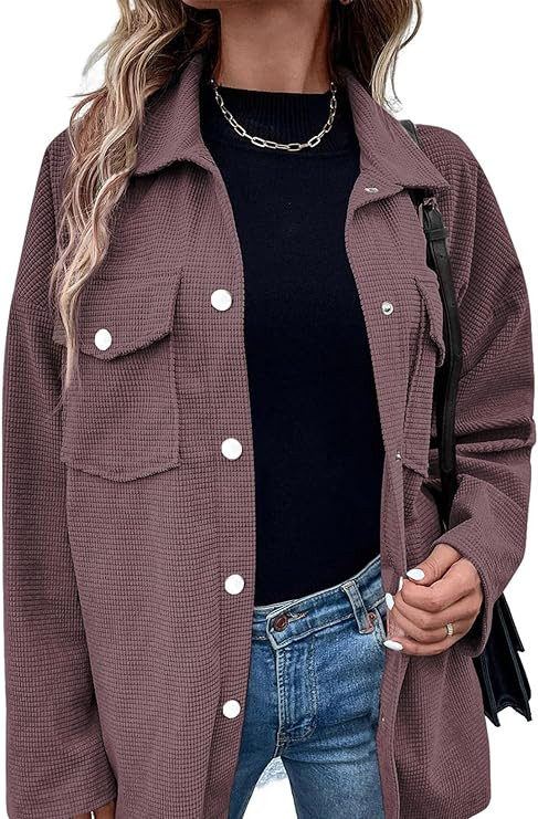 Astylish Womens Waffle Knit Long Shacket Jacket Oversized Casual Blouses Button Down Collared Dre... | Amazon (US)