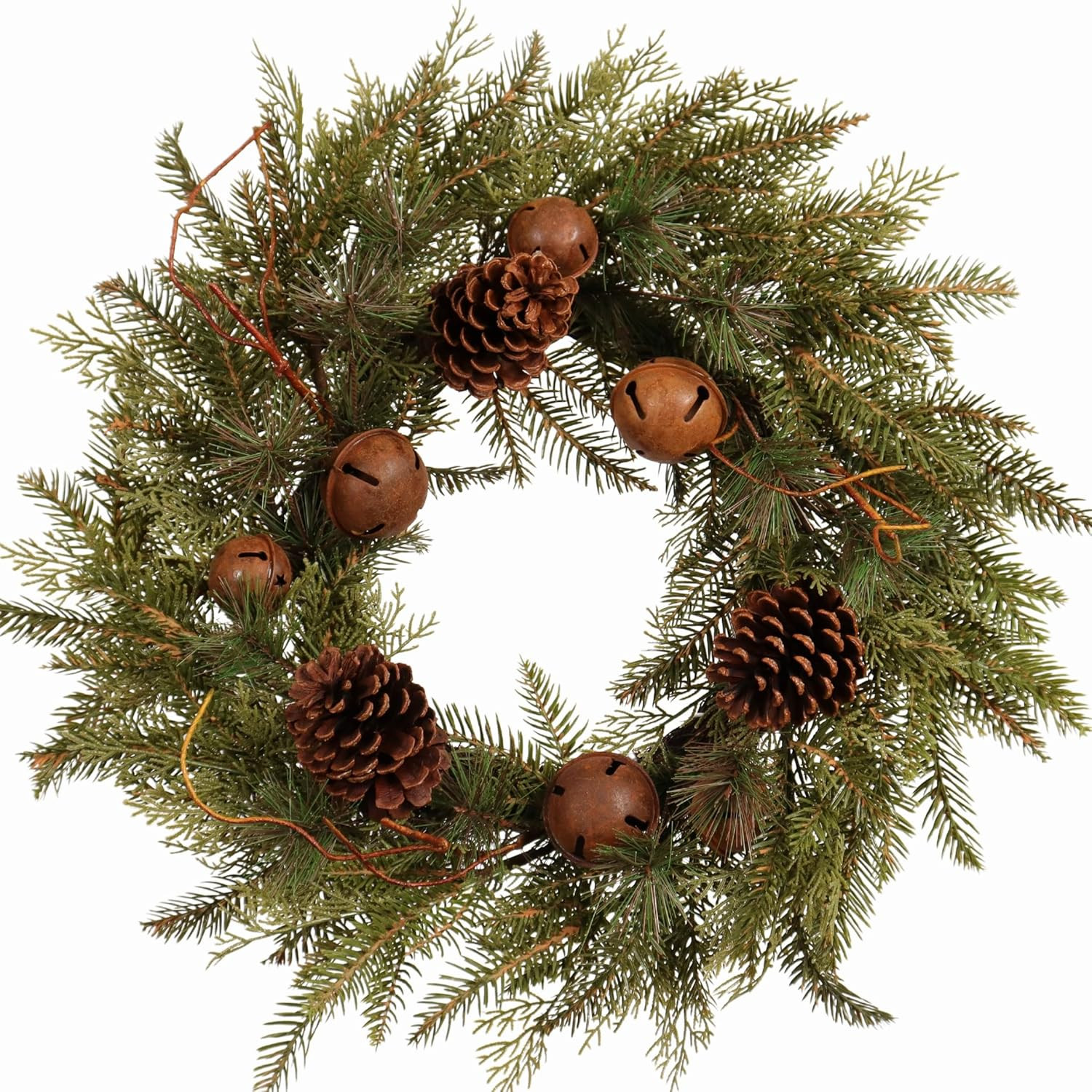 22-Inch Handcrafted Artificial Christmas Wreath with Pinecones, Rust Bell, and Lifelike Pine Bran... | Amazon (US)