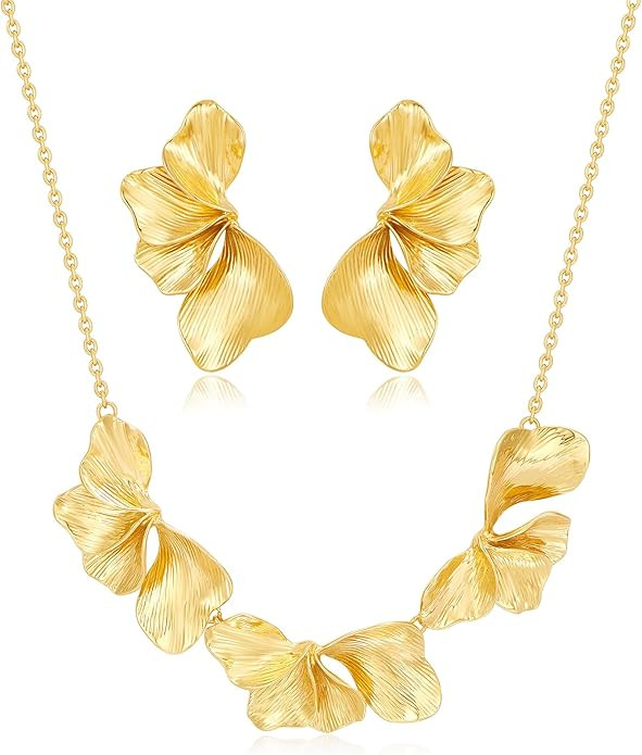 Amazon.com: FILMOON Statement Flower Necklace and Earrings for Women Gold Plated Chunky Floral Bo... | Amazon (US)