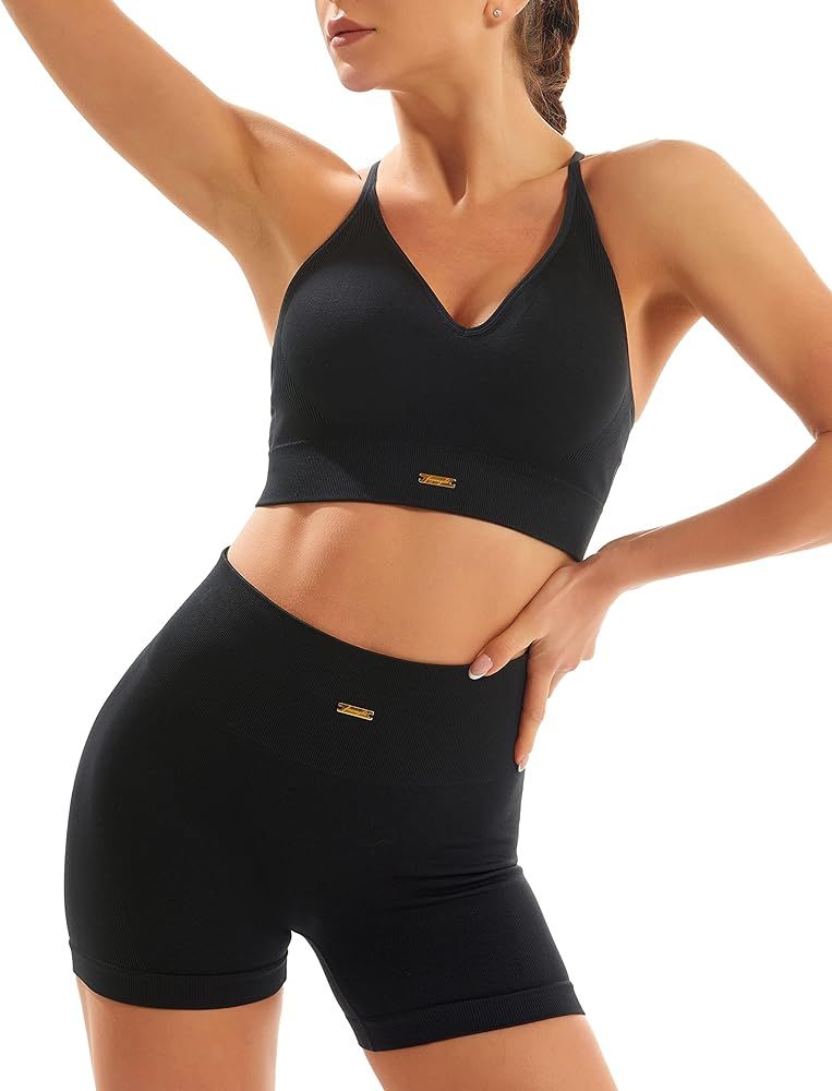 FRESOUGHT Workout Sets for Women 2 Piece Ribbed V Neck Adjustable Shoulder Strap Sports Bra High ... | Amazon (US)