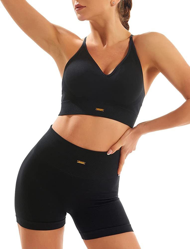 FRESOUGHT Workout Sets for Women 2 Piece Ribbed V Neck Adjustable Shoulder Strap Sports Bra High ... | Amazon (US)