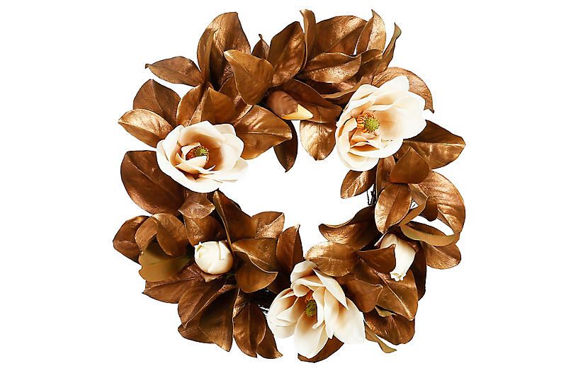 24" White Blossom Magnolia Wreath, Faux | One Kings Lane