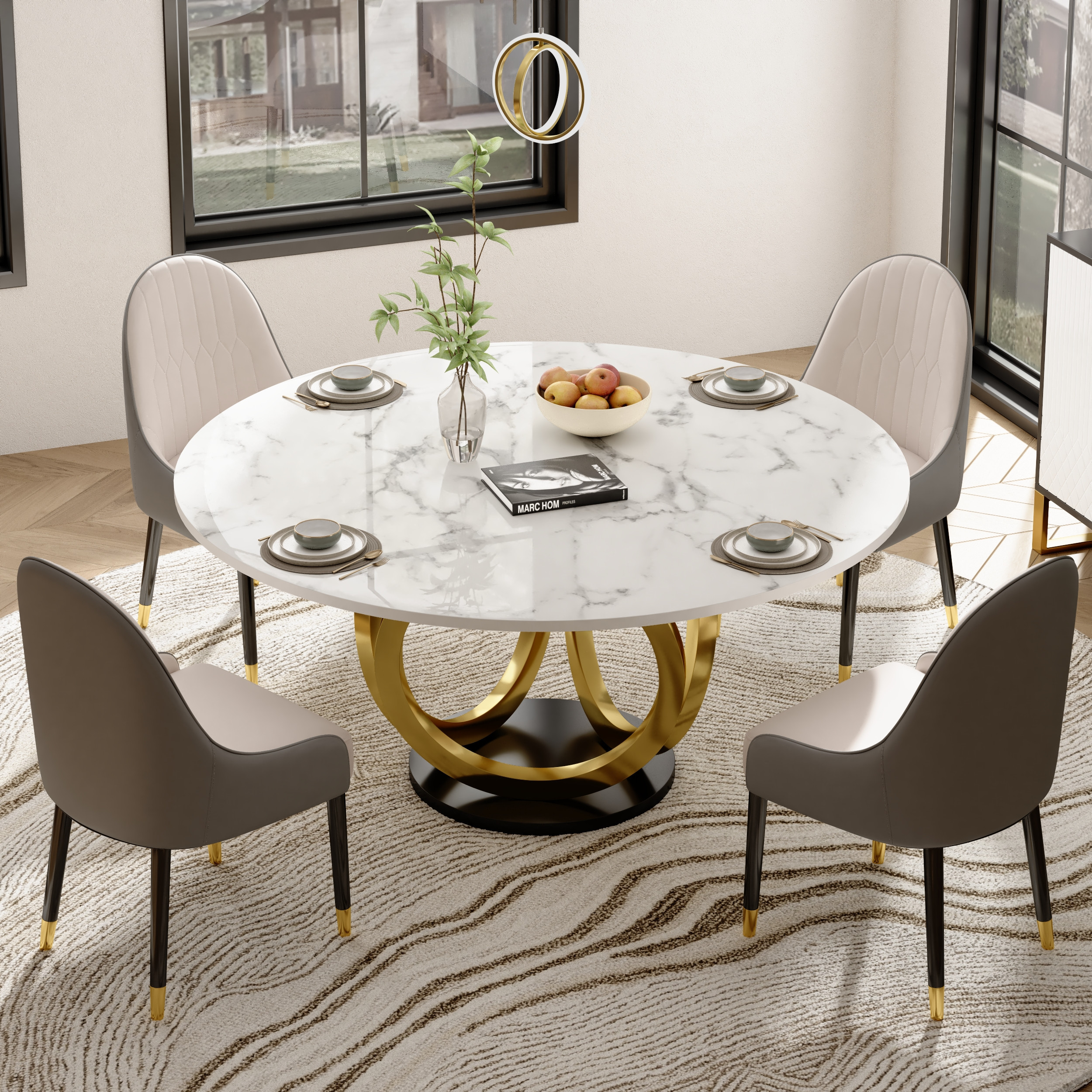 53.1"" Round Dining Table Faux Marble Top Gold & Black Pedestal for 6 Person Modern White | Homary