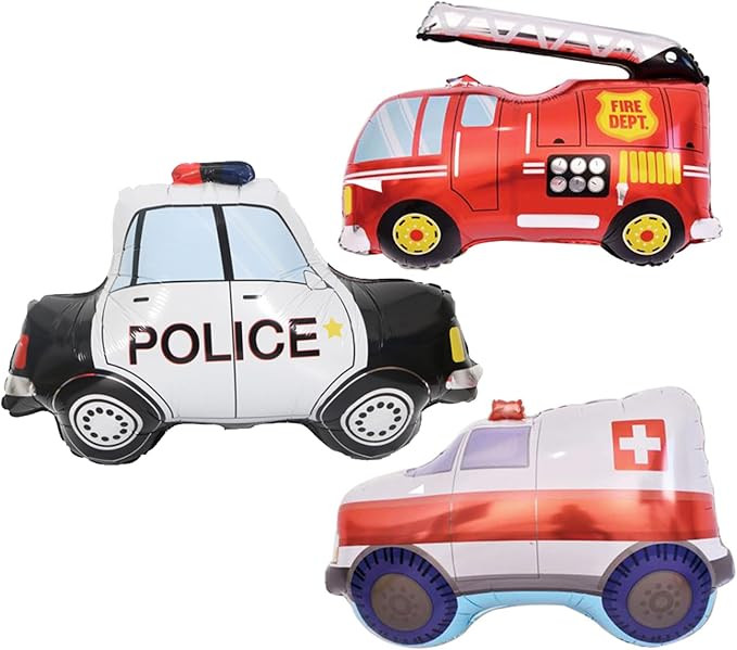 3PCS Rescue Vehicle Balloons Police Cars Fire Trucks Ambulances Mylar Foil Balloons for Kid Birth... | Amazon (US)