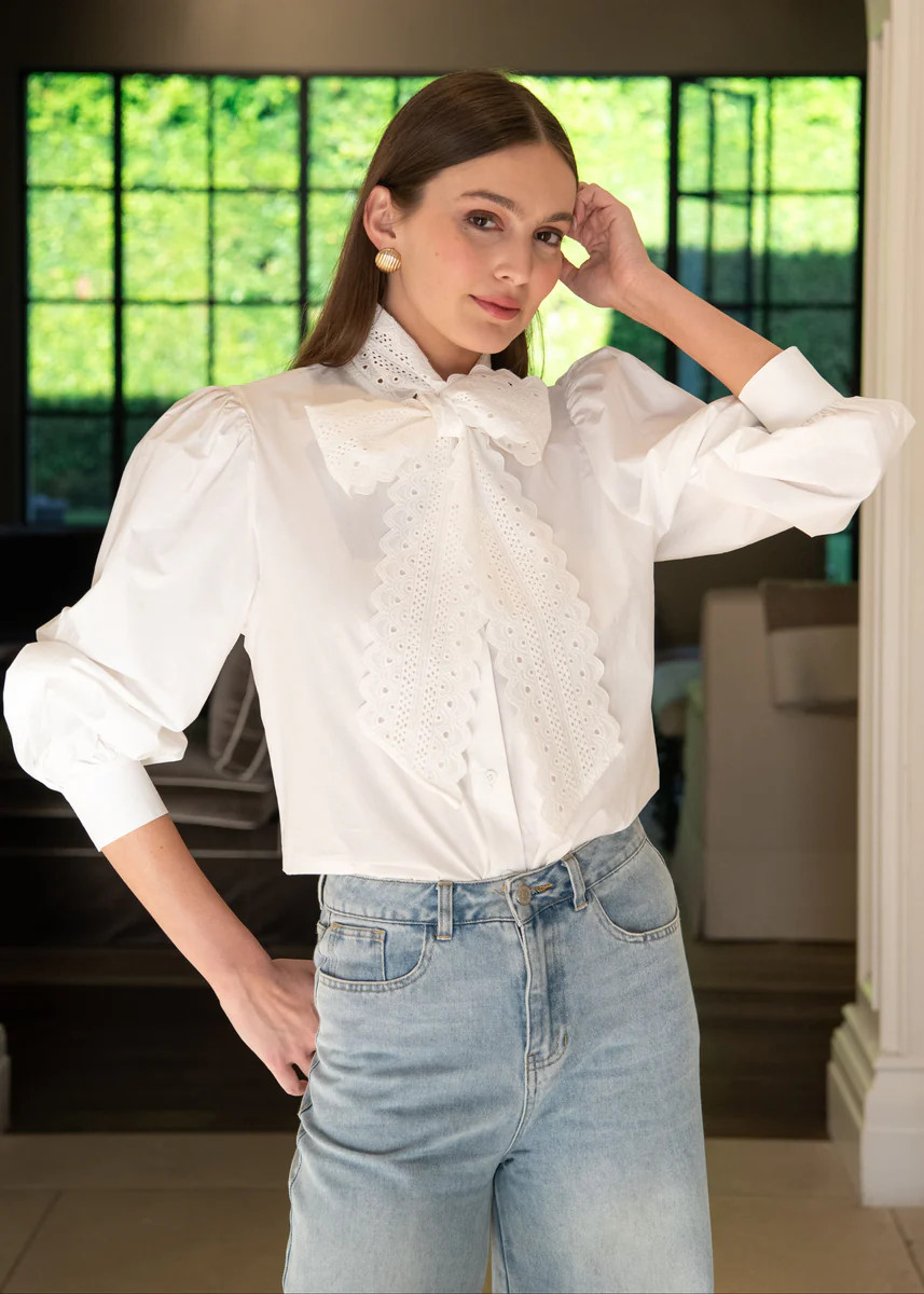 Yolanda White Puff Sleeve Lace Bow Top | Benaar La