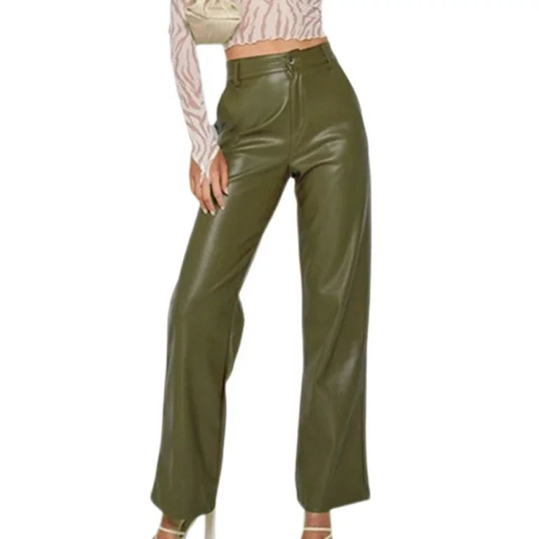 Colisha Ladies PU Pant High Waist Faux Leather Pants Solid Color Trousers Straight Club Wide Leg ... | Walmart (US)