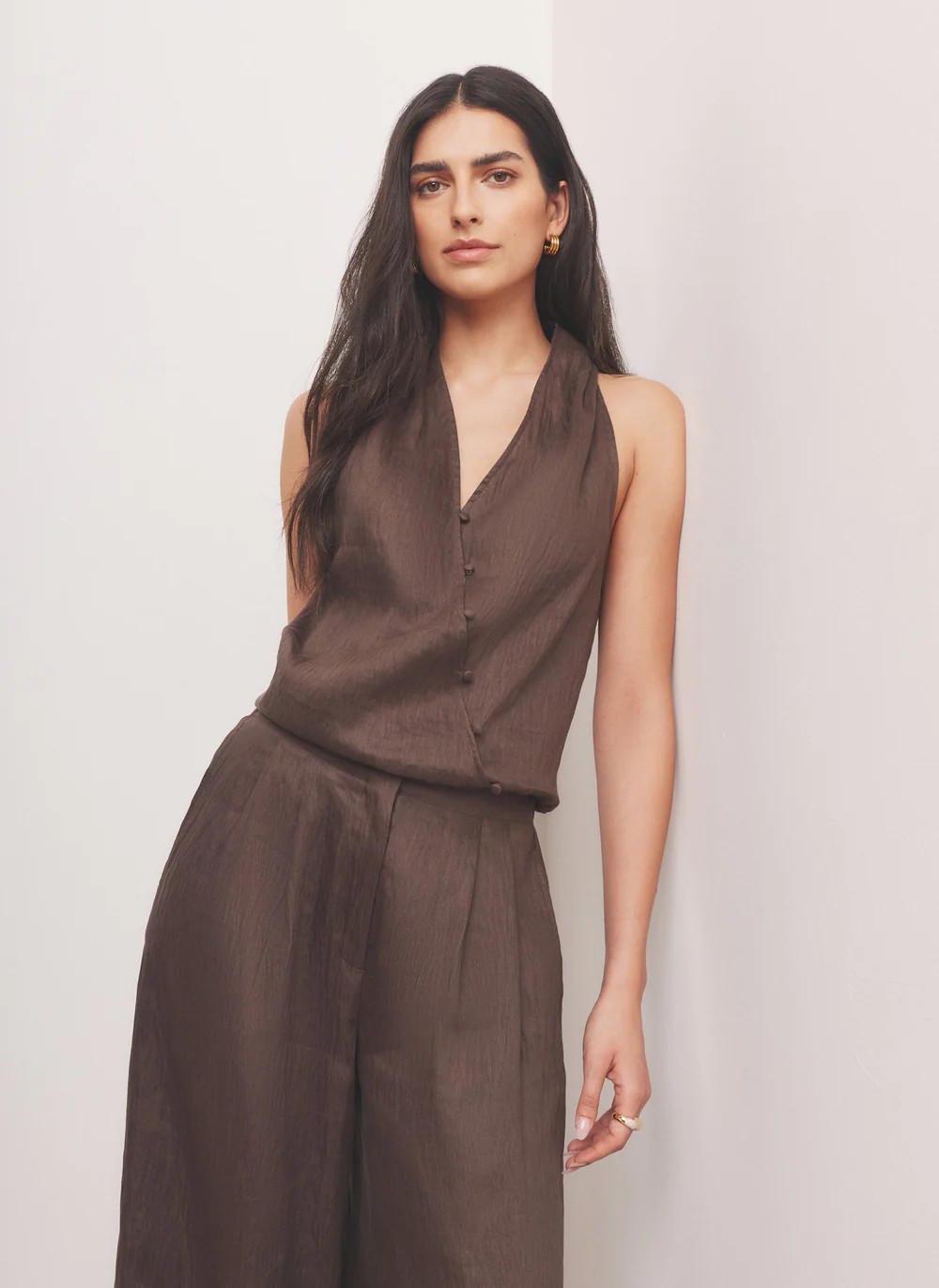 Brown Linen Blend Halter Top | Mint Velvet