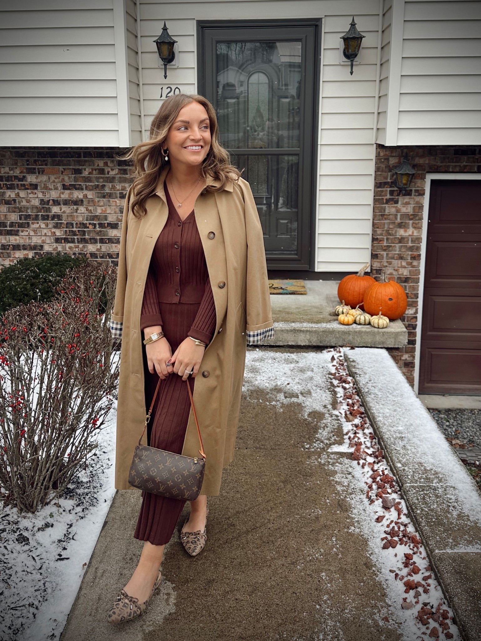 Fresh snow + cozy neutrals ❄️🤎
Wearing the Sezane Clyde coat over a matching ribbed skirt and cardigan set for the easiest elevated winter look. Finished it with my LV Pochette and leopard flats. 

#LTKHoliday #LTKSeasonal #LTKootd
