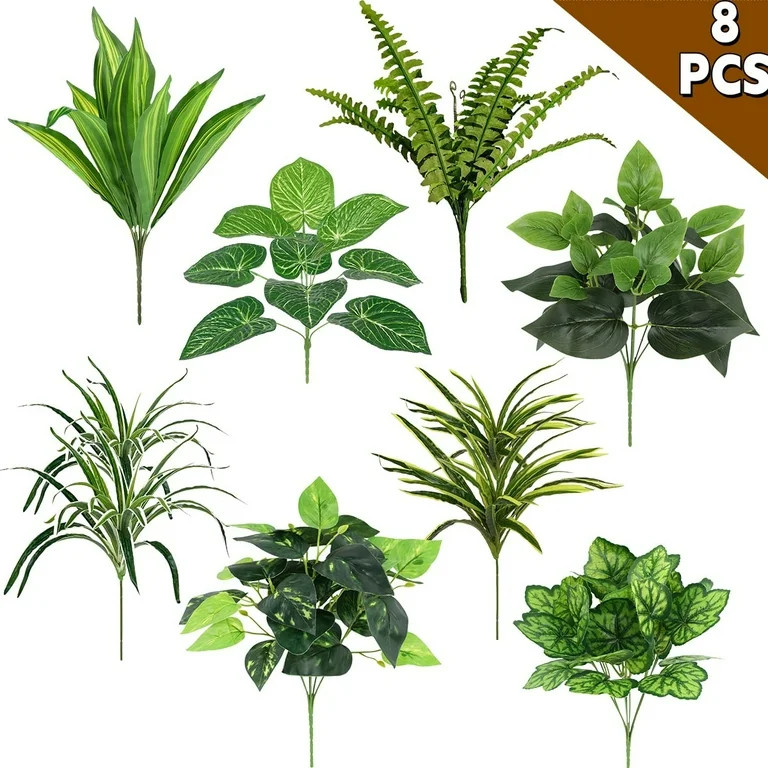 Artificial Greenery Plants 8 Bunches Faux Plastic Leaves with Stems - Outdoor Patio Garden Front ... | Walmart (US)
