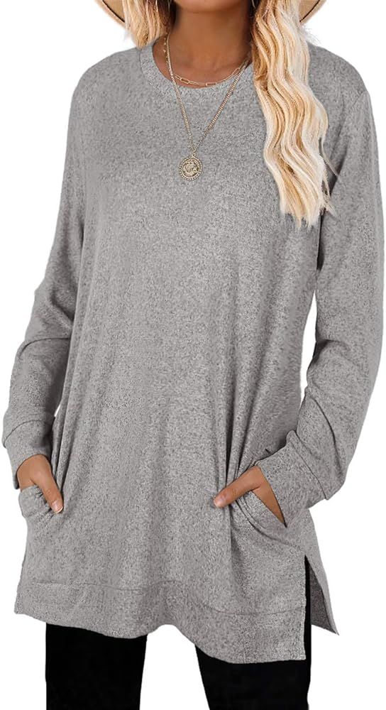 Sweaters for Women Long Sleeve Crew Neck Solid Color Trendy Tops | Amazon (US)