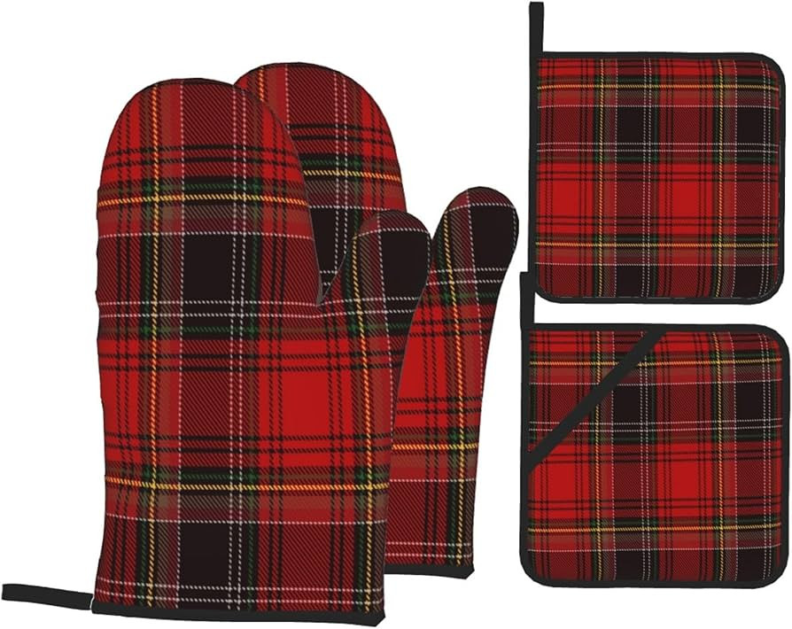 Red Tartan Plaid Oven Mitts and Pot Holders Sets of 4, Non-Slip Heat Resistant Polyester Cooking ... | Amazon (US)