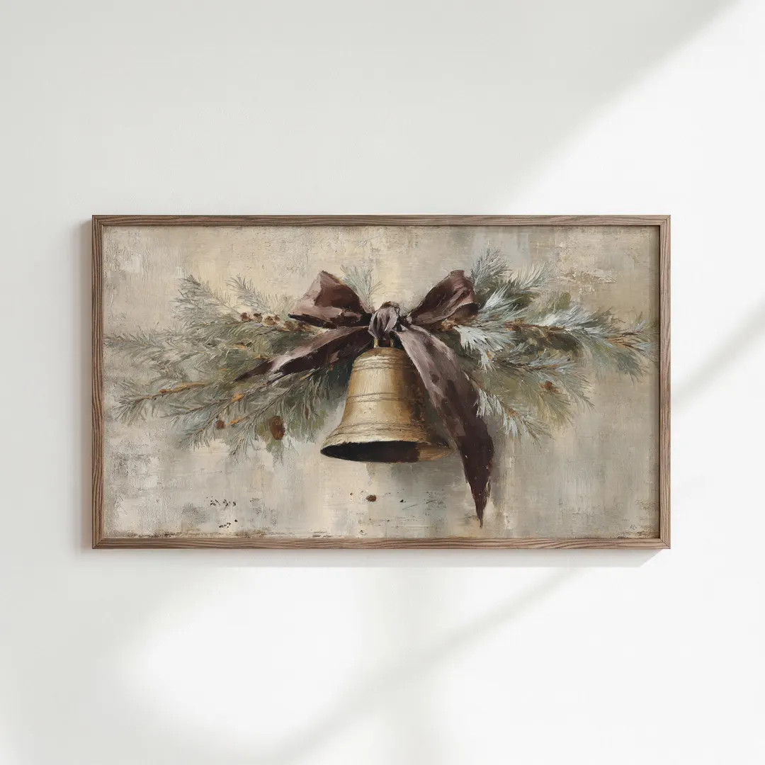 Samsung Frame TV Art | Vintage Art | Christmas Art | Frame TV | Vintage Cedar Garland Brass Bell ... | Etsy (US)