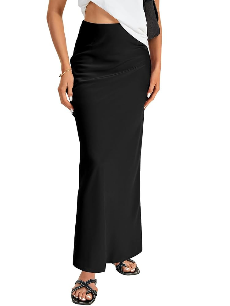 Vrtige Women's Elegant Satin Silky High Waist Zipper Flowy A Line Maxi Long Skirt | Amazon (US)