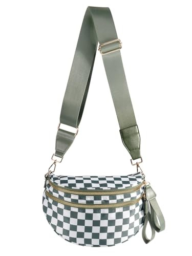 Black and White Checkered Crossbody Bum Bag for Women,Spacious Checkered Purse Fanny Packs Belt Sling Bag with Shoulder Strap (Beans Green Checkered) | Amazon (US)