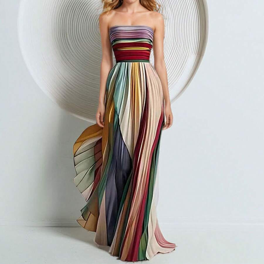 LocalColorful Printed Strapless Maxi Gown, Tube Top Bandeau Style, Soft Flowy Fabric And Elegant ... | SHEIN