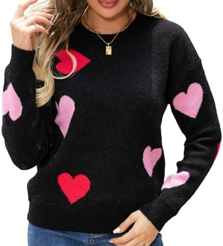 Women's Cute Heart Sweater Love Print Valentine Romantic Knitted Top Casual Crewneck Long Sleeve ... | Amazon (US)