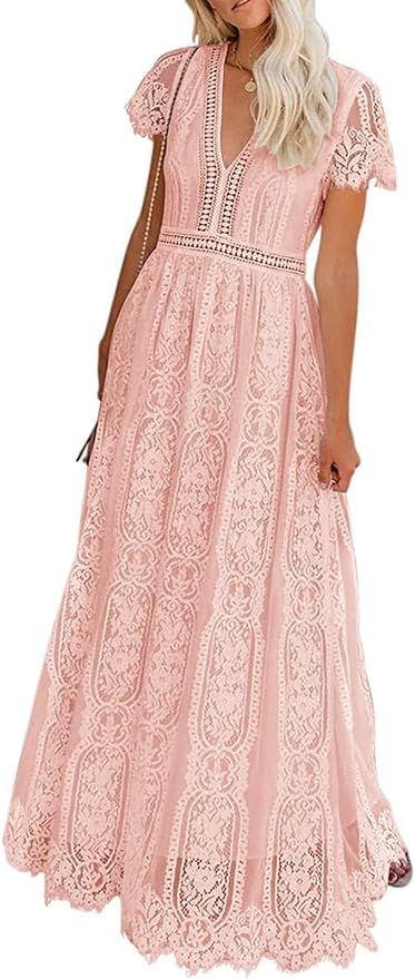 MEROKEETY Women's V Neck Short Sleeve Floral Lace Wedding Dress Bridesmaid Cocktail Party Maxi Dr... | Amazon (US)