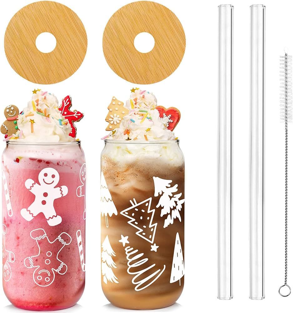 ANOTION Christmas Cups, New Year Gift 18oz Christmas Coffee Mugs with Lid and Straw Xmas Tree Tum... | Amazon (US)