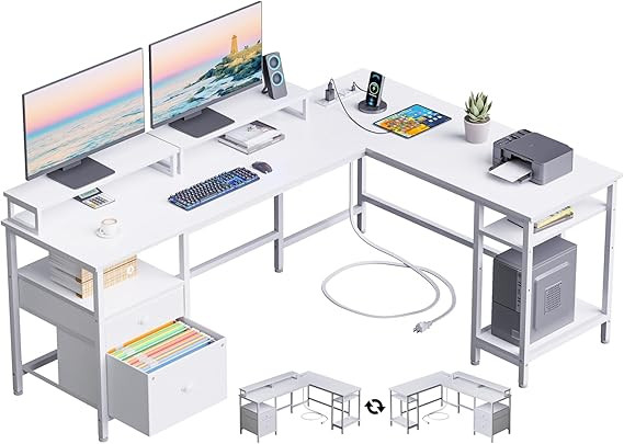 Furologee 66” L Shaped Desk with Power Outlet, Reversible Computer Gaming Desk with File Drawer... | Amazon (US)