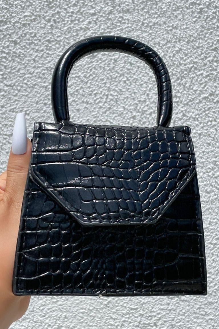 Black Crocodile Embossed Flap Satchel Handbag | Ami Club Wear