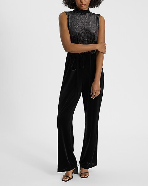 Shine Velvet Mock Neck Tie Waist Jumpsuit | Express