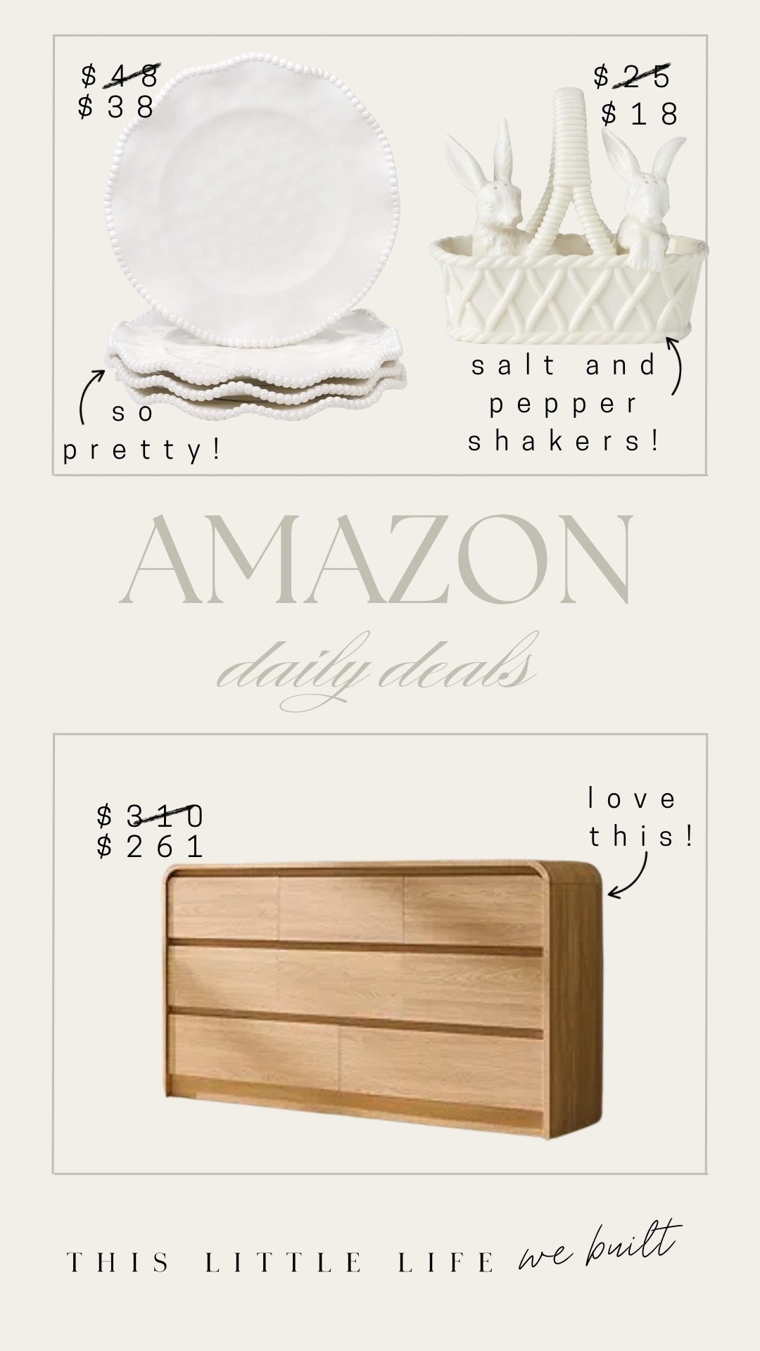 Amazon daily deals! 


Dresser, plates, Easter salt and pepper shakers, bunnies 

#LTKU #LTKHome #LTKSaleAlert