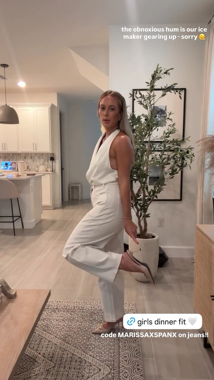 Girls night out dinner fit wearing a satin halter draped top with Spanx white barrel denim, Prada heels and Amazon bag

#LTKootd
