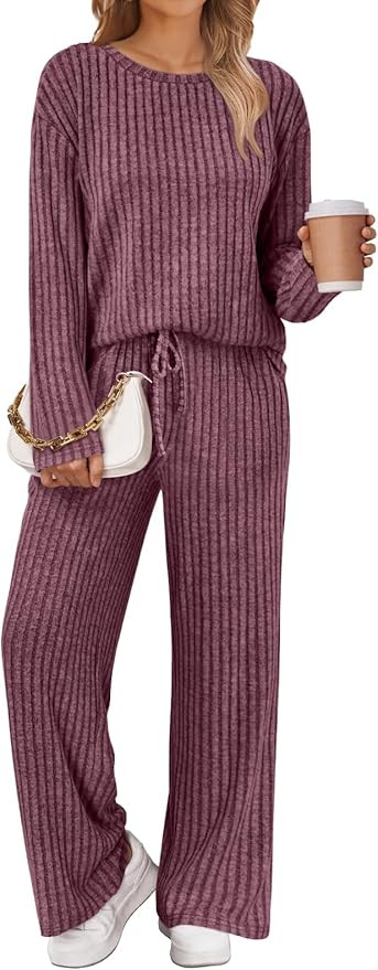 LILLUSORY Womens Lounge Sets 2 Piece Matching Pajamas Fall Fashion 2026 Ribbed Knit Outfits Long ... | Amazon (US)